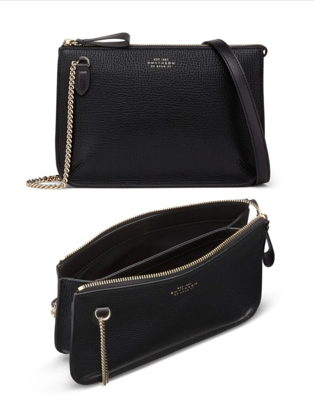 Smythson of Bond Street Black Pebbled Leather Chain Crossbody Bag + Dust Bag